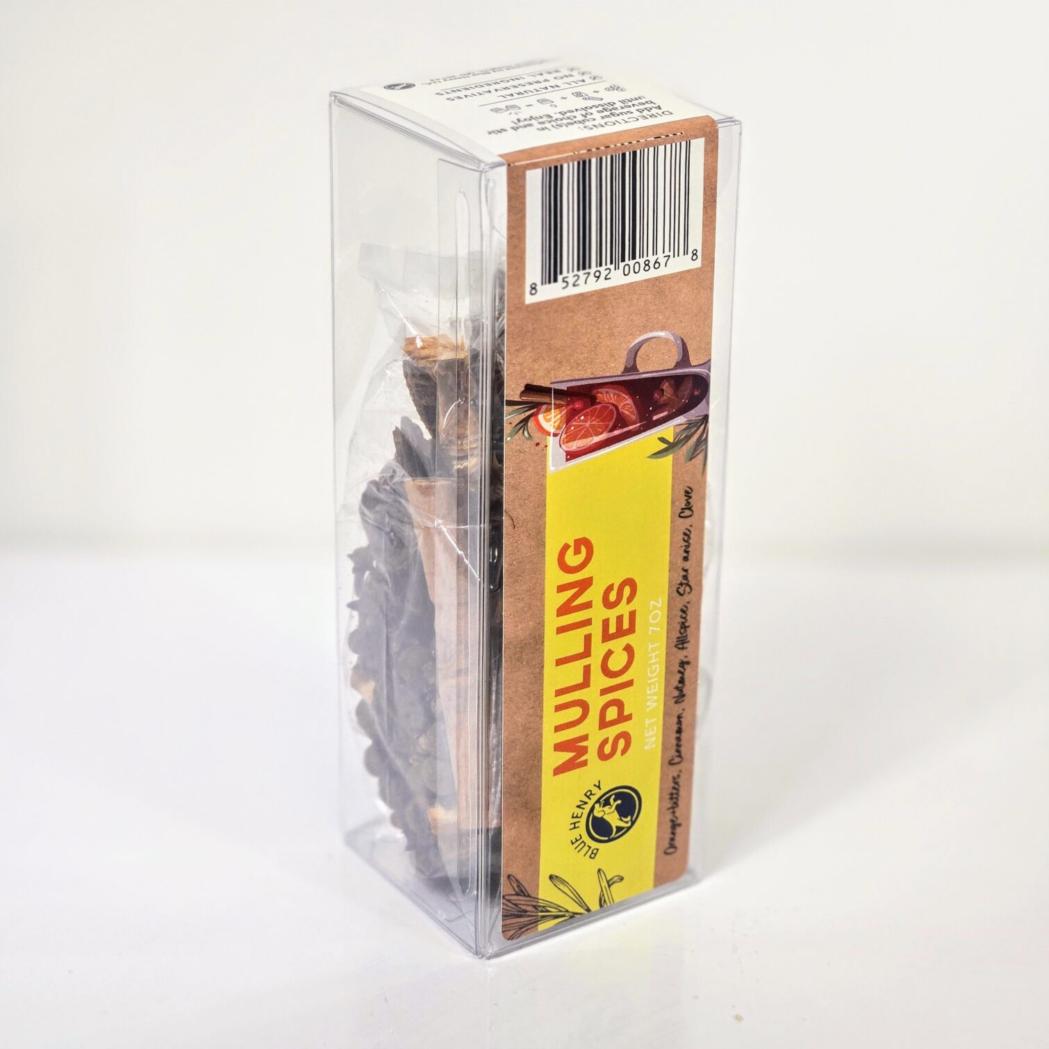 Box of BlueHenry Mulling Spices - a transparant box showing the signature blend of fragrant warm spices