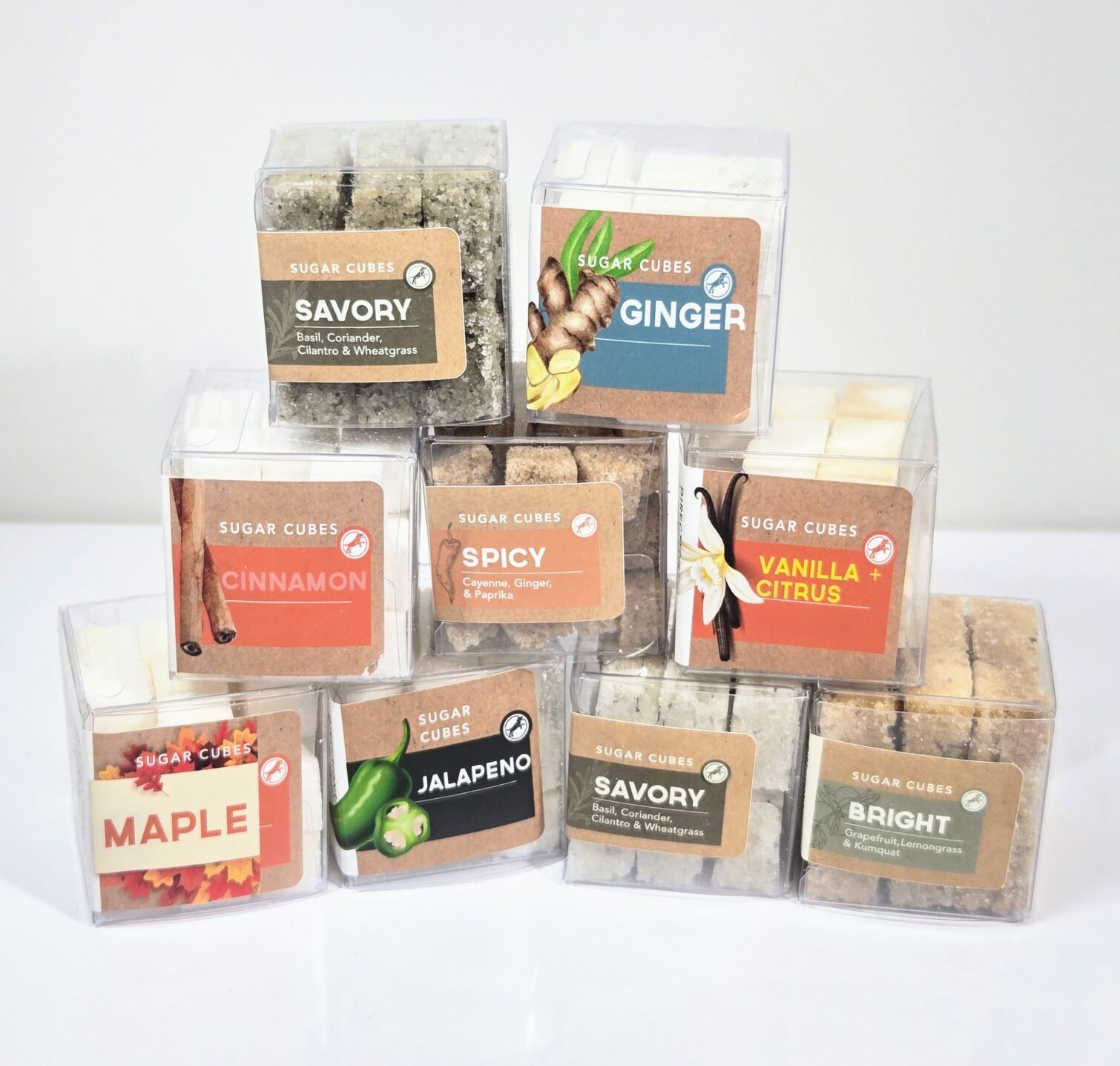 group photo of all bluehenry mini sugar cubes naturally flavored