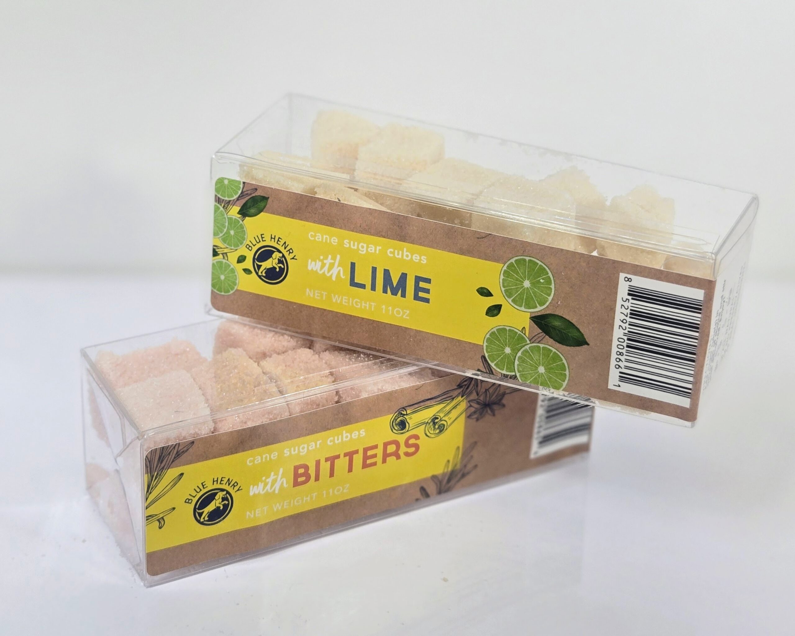 Box of BlueHenry Cane Sugar Cubes with Lime, stacked on top of box of BlueHenry Cane Sugar Cubes with Bitters